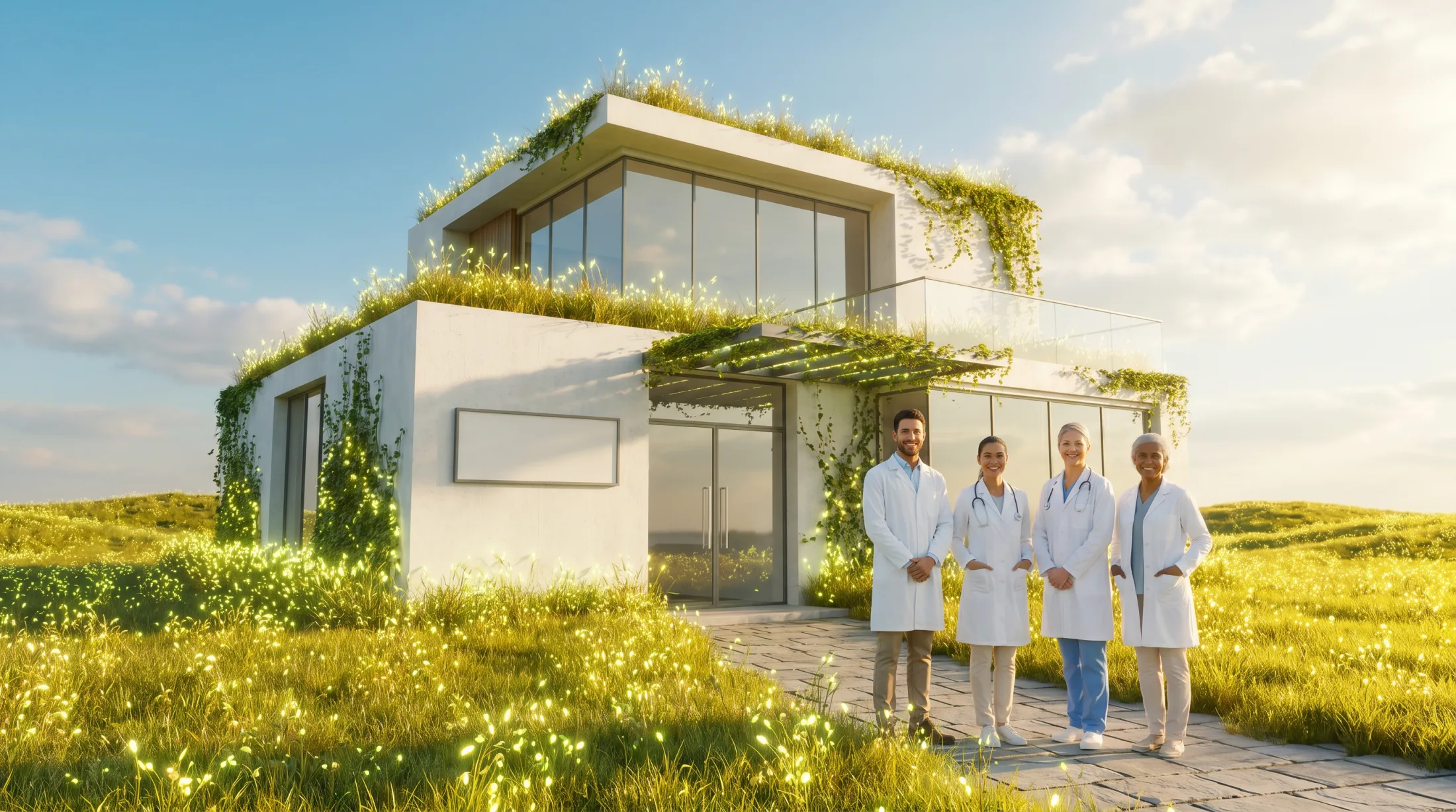 AURA Dental Studio exterior with living roof, set in a golden meadow